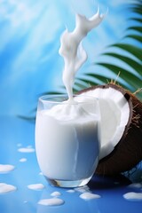 Coconut milk in a glass and coconut halves. dietary product, vegan dairy products. Cow's milk substitute.
