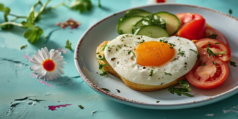Heart-Shaped Fried Egg on a Blue Background. Celebrate Valentine's Day, Father's Day, Mother's Day. Perfect for breakfast. Abstract hyper-realistic illustration of healthy food banner with copy space.
