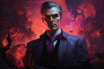 Count Dracula. Portrait of a dark-haired aristocrat in an old-fashioned elegant suit. Colorful illustration, swirling colors.