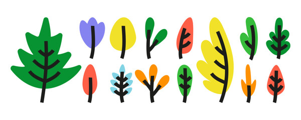 Abstract geometric modern natural colorful leaves with thick editable outline on white background. Flat doodle style. Vector illustration.