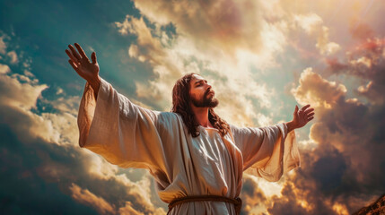 Fototapeta na wymiar Jesus Christ with open arms against blue sky