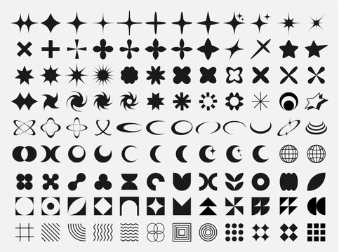 collection of Y2k elements. geometric brutalism bauhause forms sticker In Y2k style graphic design y2k pack Set of geometric shapes set of black and white icons , futuristic, memphis.