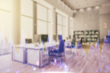 Multi exposure of abstract virtual graphic data spreadsheet sketch on a modern furnished classroom...