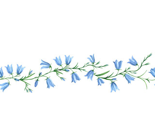 Horizontal seamless pattern of watercolor bluebells (campanula), floral border, botanical backdrop. Ideal for invitation, greeting card, Mother's Day, save the date, wedding invitation, baby showers