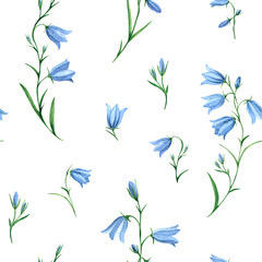 Watercolor seamless pattern of bluebells. Botanical background. Summer and spring pattern with wildflowers. Floral Botanical backdrop. Campanula, garden, meadow, delicate flowers