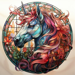 watercolor Stained Glass Window Unicorn clipart, Generative Ai