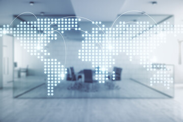Double exposure of abstract digital world map hologram with connections on a modern furnished office interior background, big data and blockchain concept