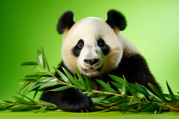 panda eats bamboo on a green background. Cute bamboo bear, close-up portrait on studio backdrop.