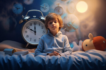 Relaxed sleepy boy sitting on the bed with a big alarm clock on the background, time to sleep, happy childhood, good dreams, daily routine concept