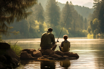 Father and son sitting and fishing on the lake shore at the evening, beautiful nature, happy family concept - obrazy, fototapety, plakaty