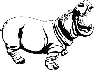 Cartoon Black and White Isolated Illustration Vector Of A Hippo With it's Mouth Wide Open - obrazy, fototapety, plakaty