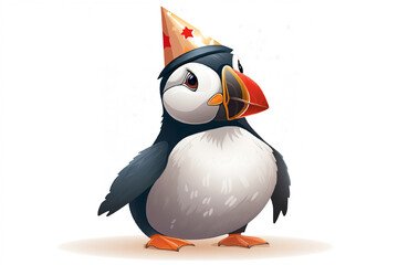 Cute cartoon puffin bird in happy birthday hat isolated on white background - obrazy, fototapety, plakaty