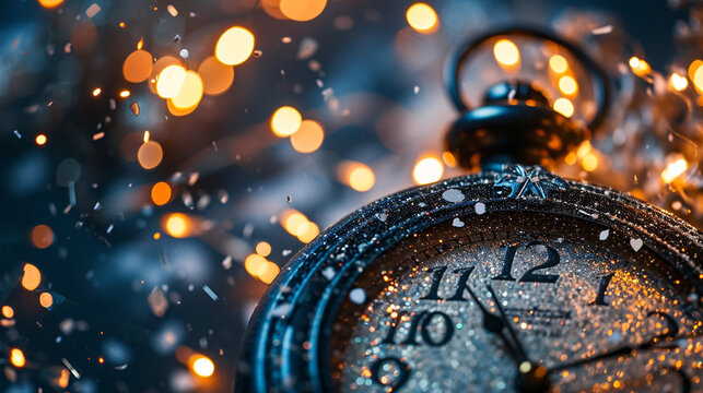 A clock striking midnight and "2024" in glowing numbers, New Year, Flat lay, top view, with copy space