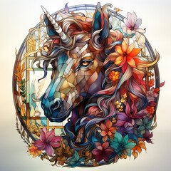 watercolor Stained Glass Window Unicorn clipart, Generative Ai