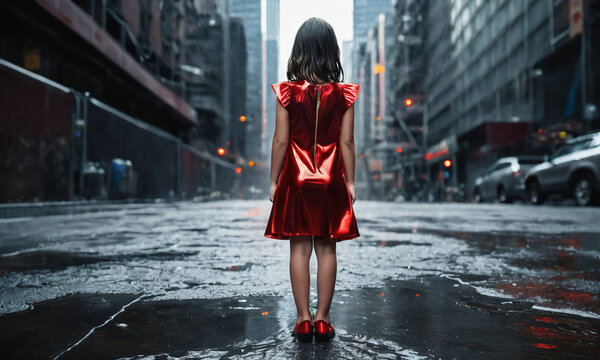 girl  walking in the street , struggle . 