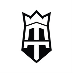 MT Letter Logo monogram hexagon shield shape up and down with crown isolated style design