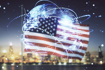 Double exposure of abstract digital world map hologram with connections on USA flag and blurry cityscape background, research and strategy concept
