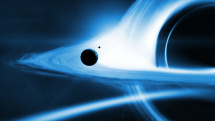 Realistic science fiction concept. Black hole absorbing Earth planet in outer space. Elements of...