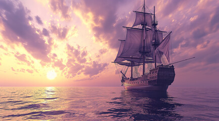 Fototapeta premium Sailing Ship at Sunset in Serene Ocean Waters 