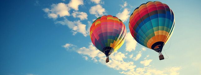 Obraz premium Two colorful balloons in a blue sky flying above the clouds