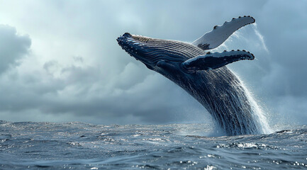 a humpback whale jumps out of the water as it's putting in its mouth