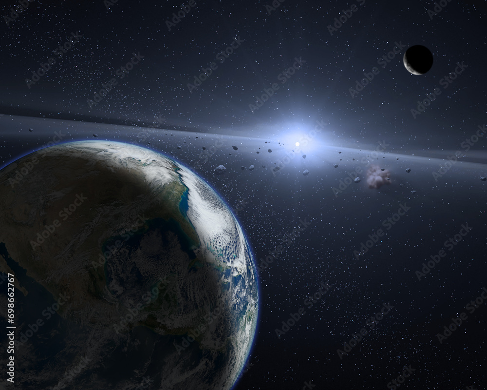 Wall mural earth in the outer space with beautiful moon. elements of this image furnished by nasa.