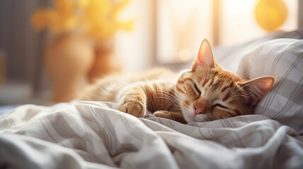 pretty cute ginger red haired cat lying and sleep on the bad against evening window. cozy background with pets. AI