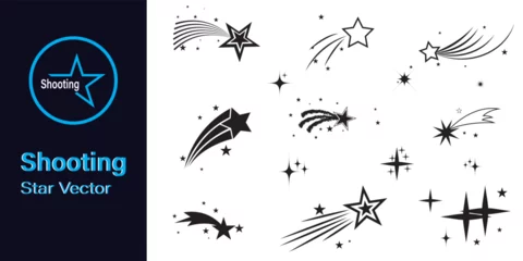 Fotobehang Shooting stars icon vector set. Abstract silhouette of shooting star.  Meteorite and comet symbols. Flying comet with tail, falling meteor, abstract galaxy element. Cosmic shine. star vector design. © Vector Vista