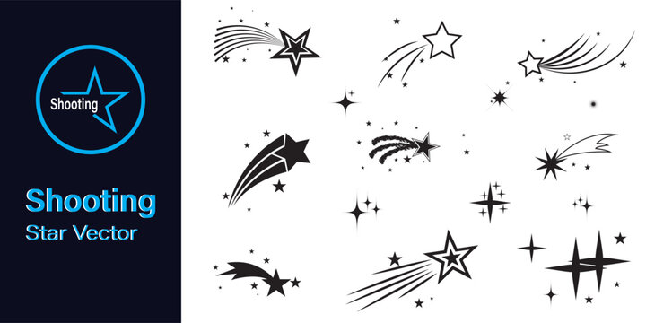 Shooting stars icon vector set. Abstract silhouette of shooting star.  Meteorite and comet symbols. Flying comet with tail, falling meteor, abstract galaxy element. Cosmic shine. star vector design.
