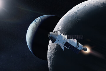 Orion spacecraft near to the Moon surface. Artemis space mission. Elements of this image furnished...