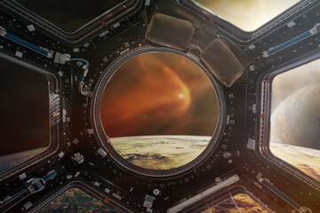 Perfect view from a porthole of spacecraft  on the Earth planet.  Elements of this image furnished...