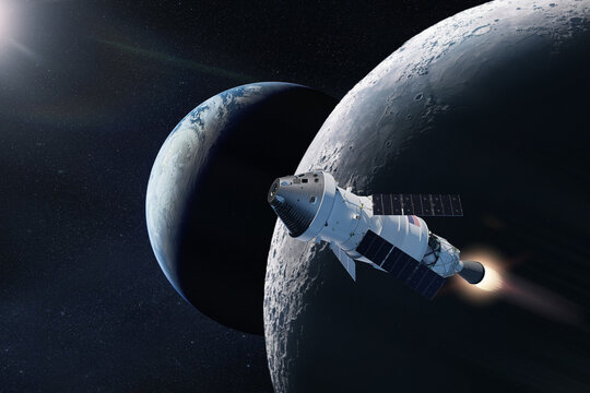 Orion spacecraft near to the Moon surface. Artemis space mission. Elements of this image furnished by NASA. - Powered by Adobe