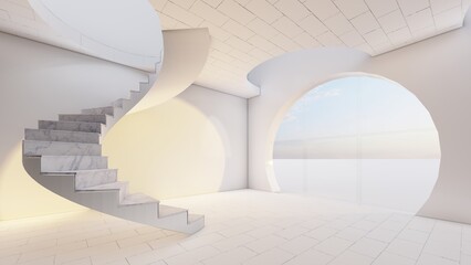 Fototapeta premium Architecture background interior with curved stairs and round windows in loft industrial style 3d render