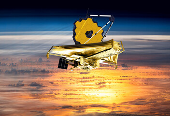 James Webb telescope on low-orbit with sun light. JWST launch art. Elements of this image furnished...