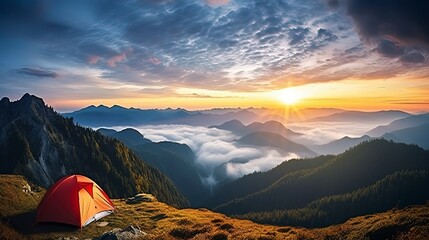 Image of a tent over mountain in a sunny day , Generative ai. - obrazy, fototapety, plakaty