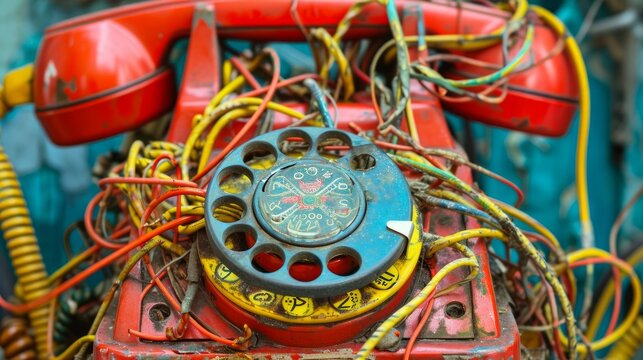 colourful retro rotary telephones with a tangled mess of wires and cables
