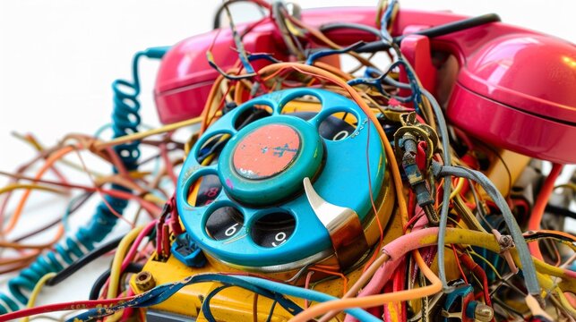 colourful retro rotary telephones with a tangled mess of wires and cables
