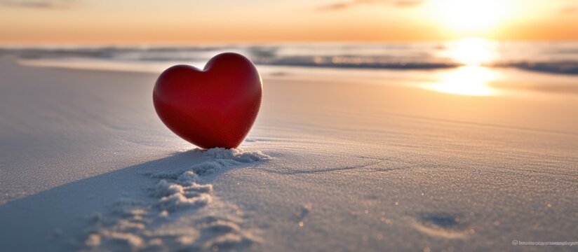 Red heart shape stuck on white sand beach at sunset