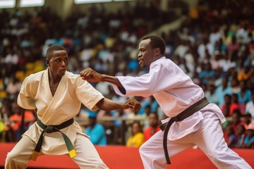Karate duel between two african karatekas at a tournament in a stadium filled with spectators
