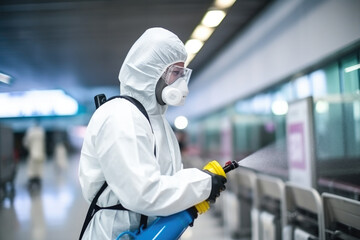 Specialist in protective suit spray disinfectant chemicals at an international airport indoor