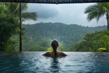Happy woman enjoys warm tropical rain falling on her while swimming in an infinity pool overlooking the jungle