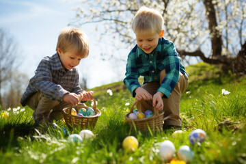 two boys during Easter egg hunt and putting Easter eggs in baskets - 698663553