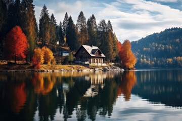 Fototapeta premium Lonely cozy house near a lake in a autumn forest, against the background of mountains