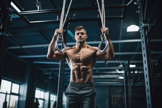 Man gymnast hanging on equipment with gymnastic rings for workout in gym