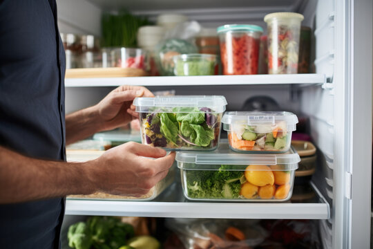 View of the refrigerator as a man takes out a packed lunch in a container