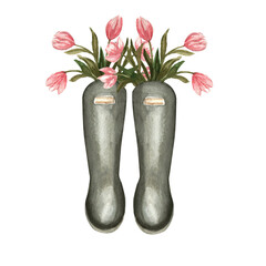 Boots vegetable gardening with flowers watercolor doujital illustration.