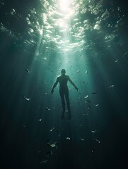 Fototapeta na wymiar A body suspended in the ocean with rays of light shining on it. Great for stories of crime, murder, horror, mystery, danger and more. 