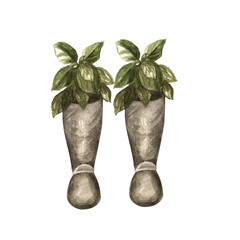 Garden boots with flowers watercolor clipart illustration.