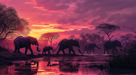 the elephants are walking near a sunset