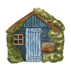 Vintage garden cottage watercolor illustration.